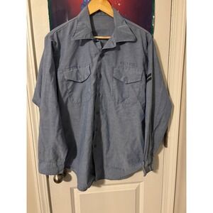 Vintage Mens Blue Work Shirt F Flynn No Nukes Military Uniform Style 70s